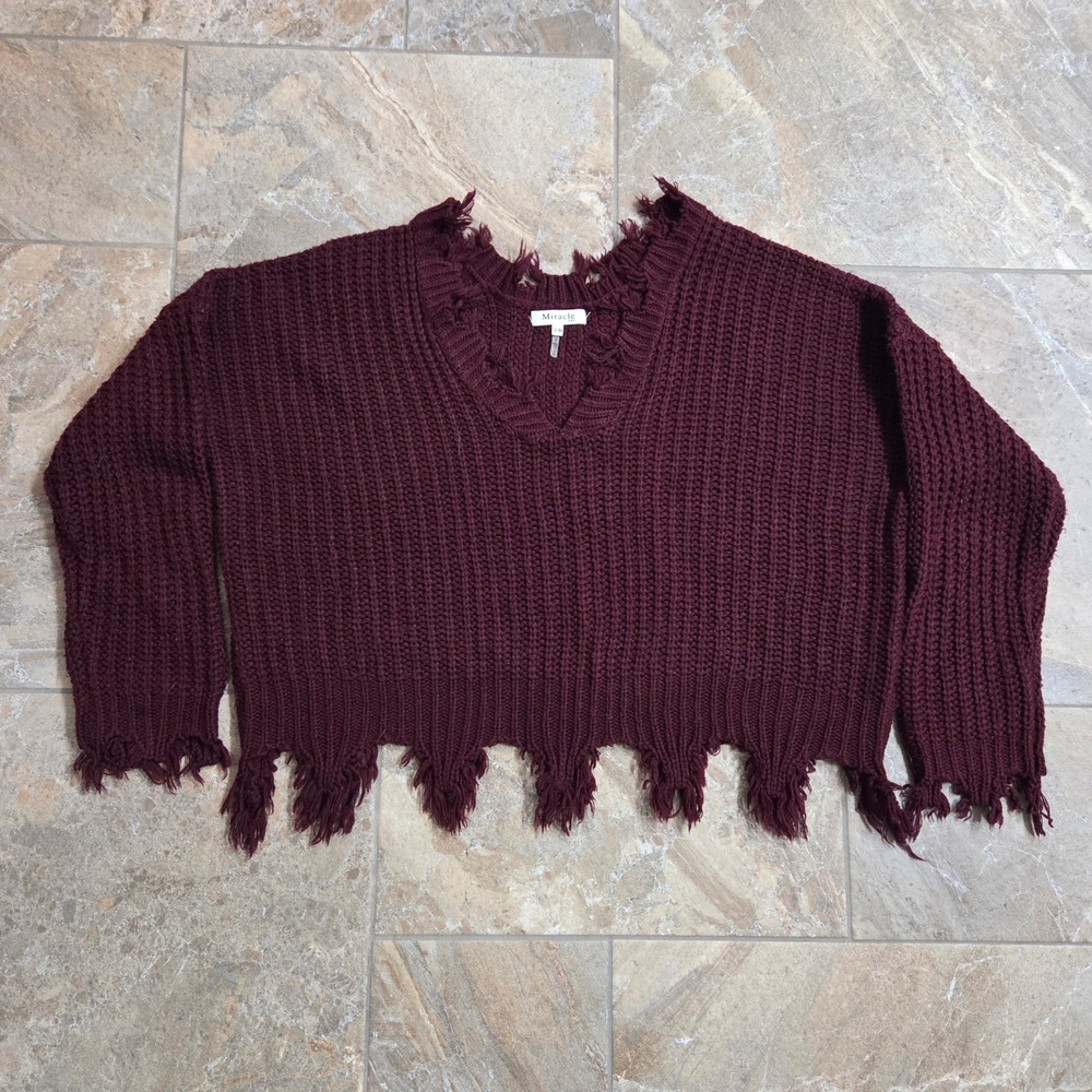 Miracle USA Burgundy V Neck Distressed‎ Fringe Cropped Knit Sweater Size S/M